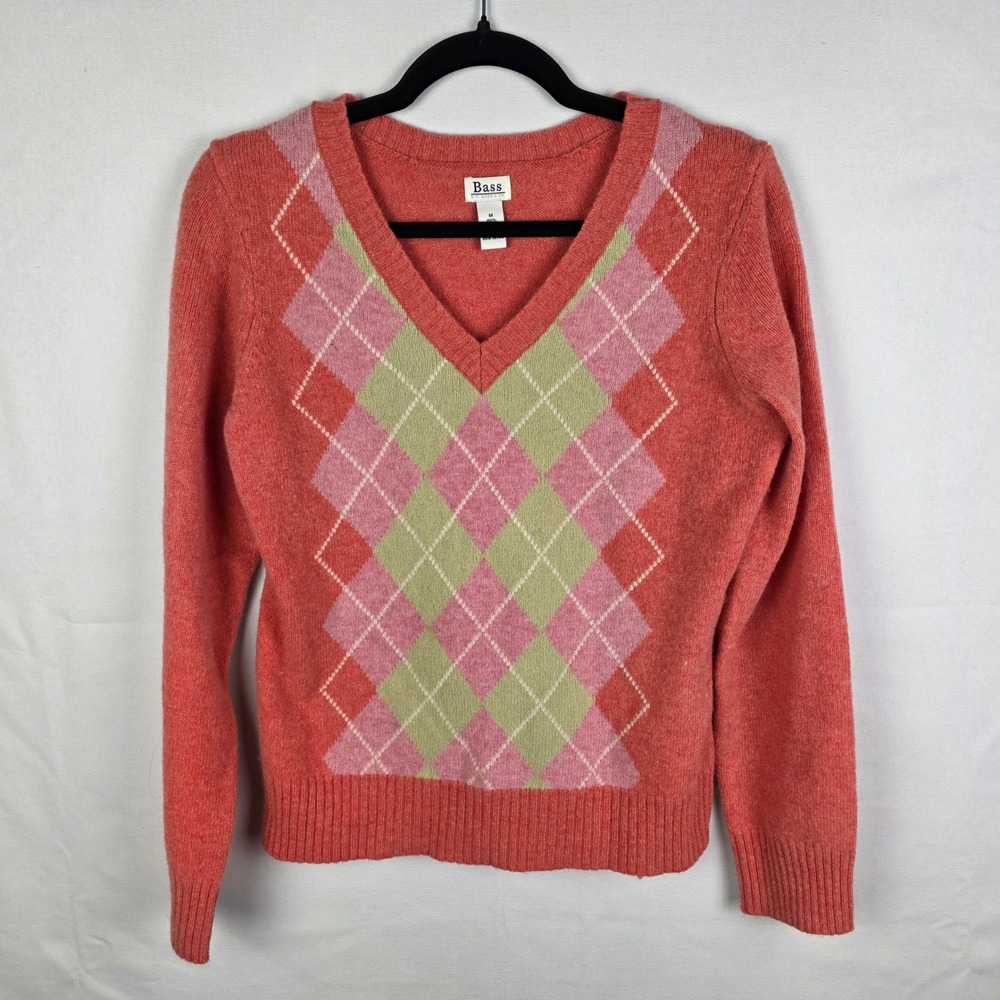 G.H. Bass Womens Argyle V-Neck Sweater Coral Pink 100% Lambswool Size M Preppy